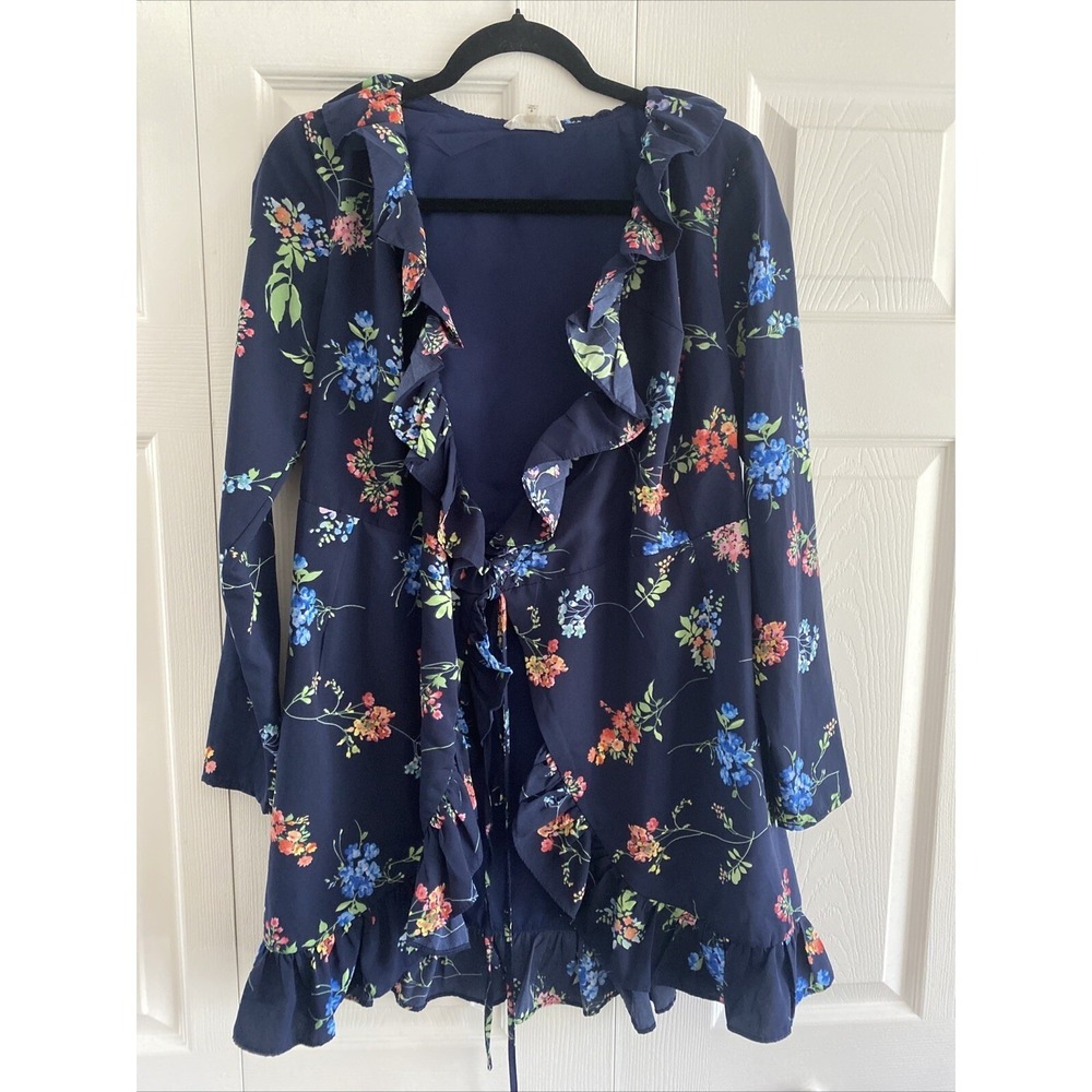 Sugar Lips Floral Ruffle Wrap Dress Womens Size S Navy Blue Boho Long Sleeve